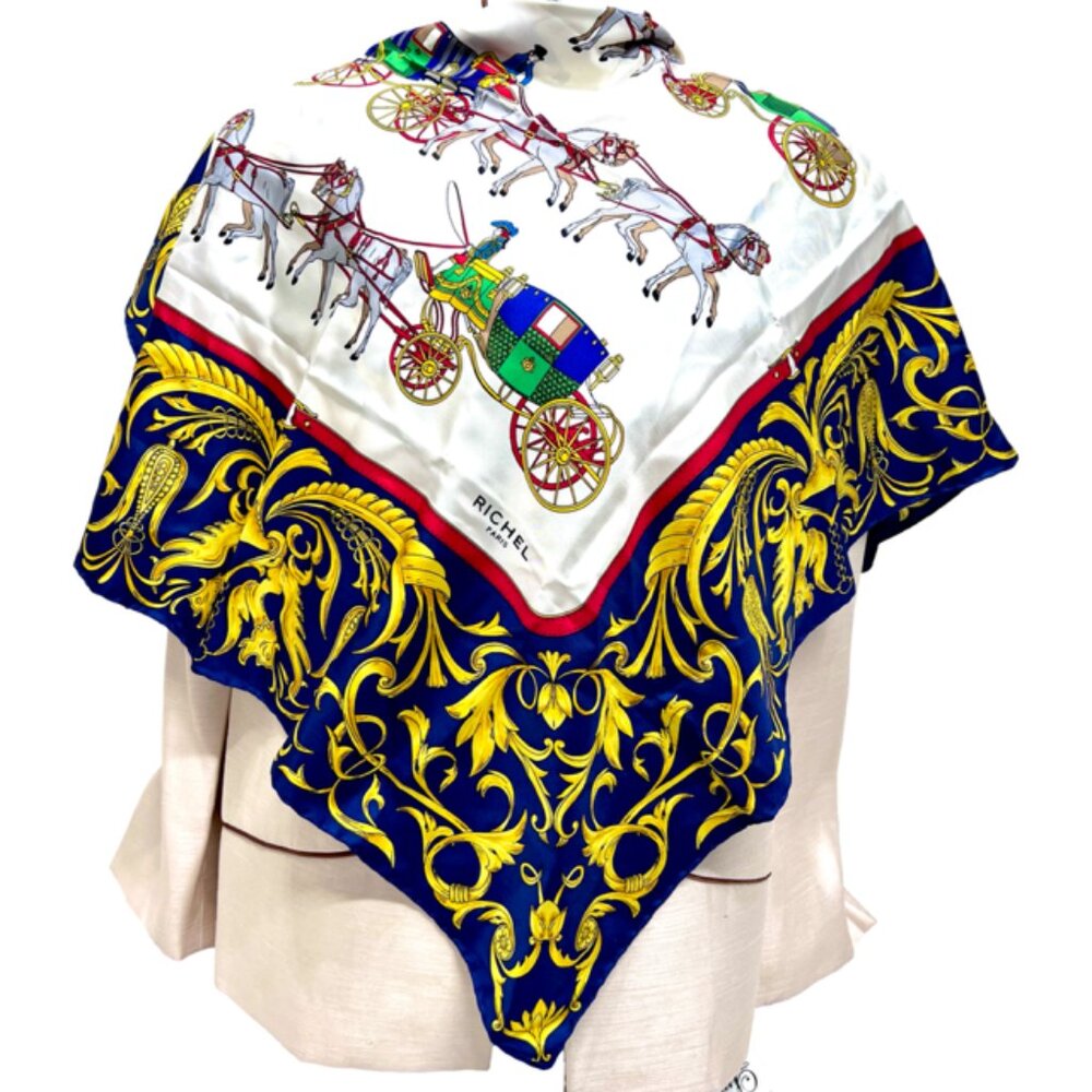 RICHEL Paris Silk Satin Scarf 34" blue gold white horse carriage, Italy Made(57 - Picture 5 of 9